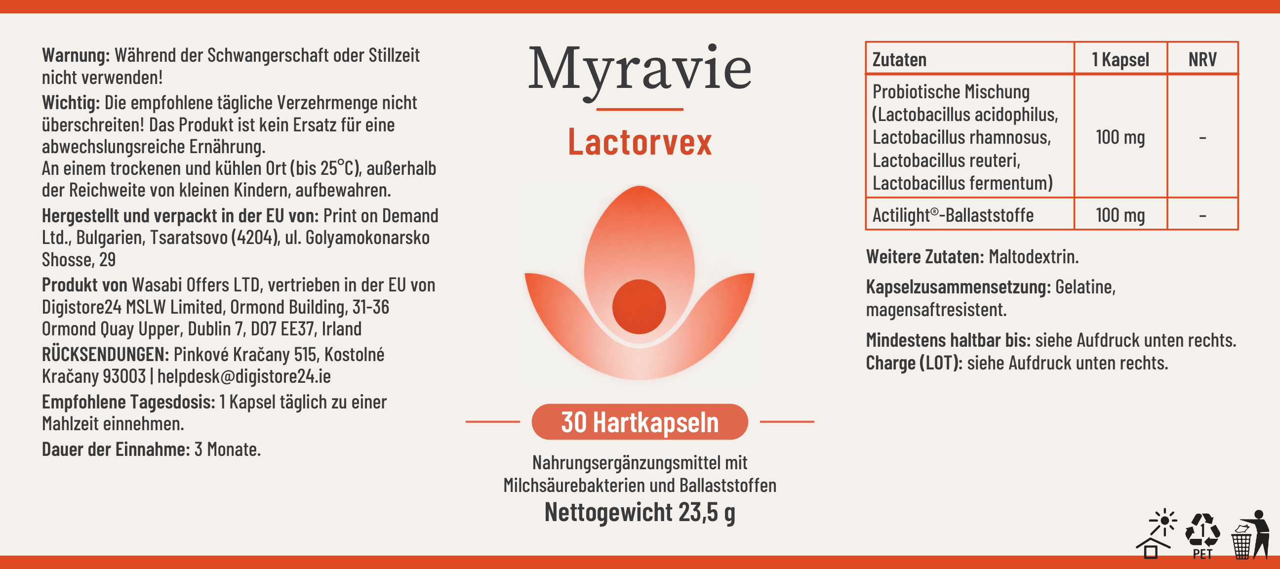 Myravie vollständiges Produktetikett mit Inhaltsstoffen, Dosierungsanleitung und Zertifizierungen