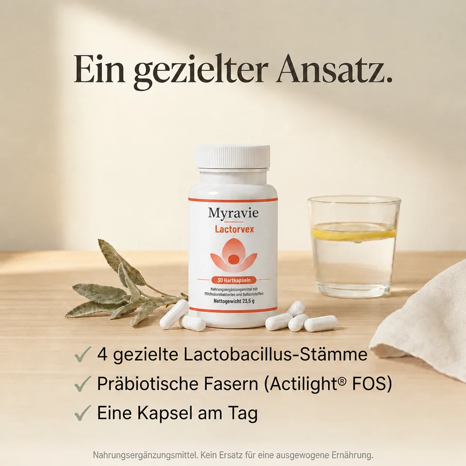 Myravie: 4 gezielte Lactobacillus-Stämme, präbiotische Fasern (Actilight® FOS), eine Kapsel am Tag