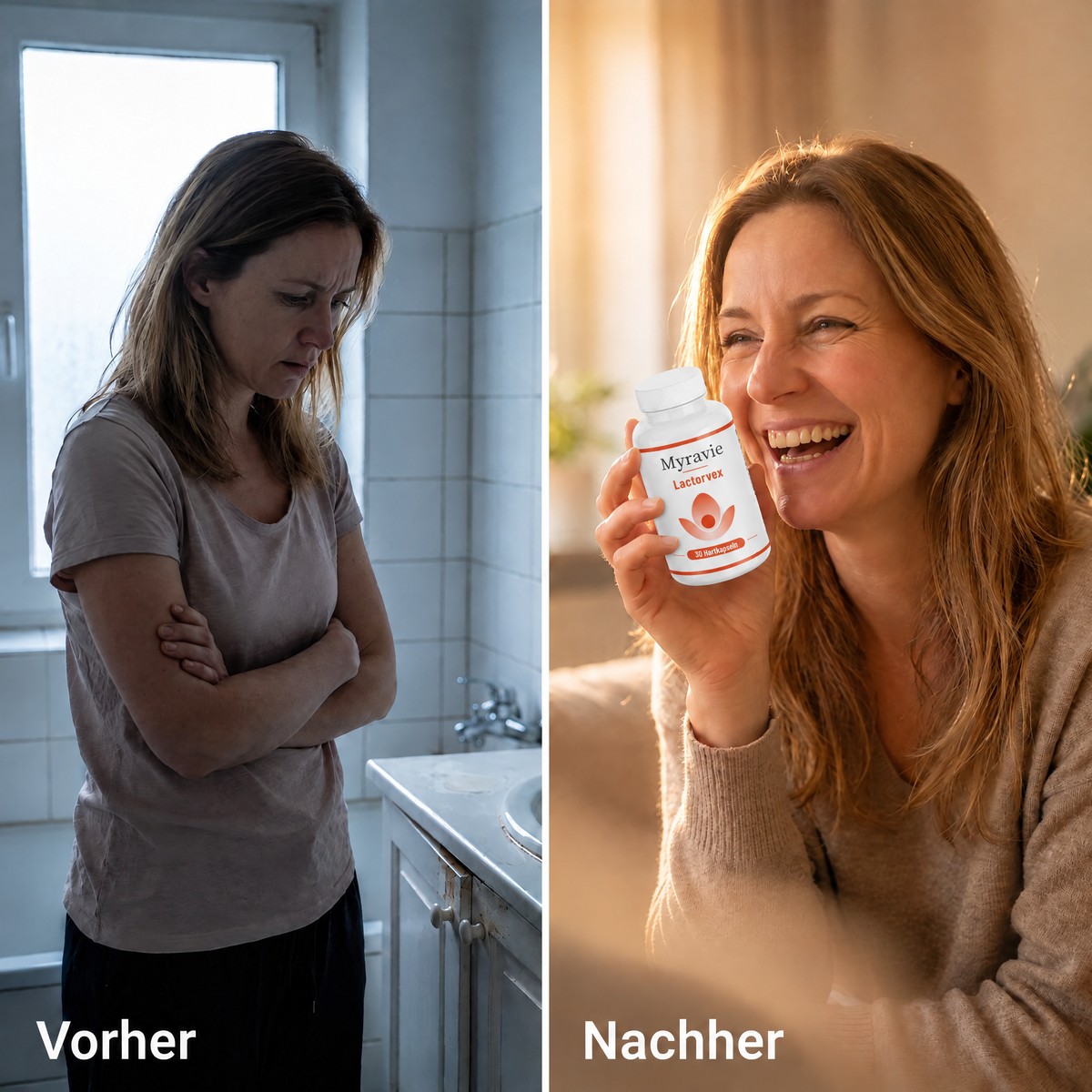Vorher / Nachher: dieselbe Frau, angespannt und wieder entspannt mit Myravie